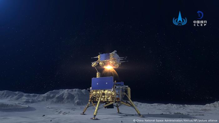 A simulated image of the ascender of the Chang'e-5 spacecraft taking off from the lunar surface