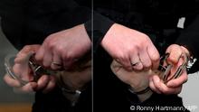 Stephan Balliet, who is accused of shooting dead two people after an attempt to storm a synagogue in Halle an der Saale, eastern Germany, is taken off the handcuffs before the start of the 21th day of the trial on November 18, 2020 at the district court in Magdeburg, eastern Germany. - Stephan Balliet stands accused of shooting dead two people in October 2019 after he tried and failed to storm a synagogue in the eastern city of Halle. He has been charged with two counts of murder and multiple counts of attempted murder in a case that has deeply rattled the country and fuelled alarm about rising right-wing extremism and anti-Jewish violence, 75 years after the end of the Nazi era. (Photo by Ronny Hartmann / AFP)