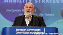 European Commission Vice-president Frans Timmermans and European Commissioner for Transport Adina-Ioana Valean (not pictured) present the bloc's strategy for sustainable and smart mobility, during a news conference in Brussels, Belgium, December 9, 2020. Stephanie Lecocq/Pool via REUTERS