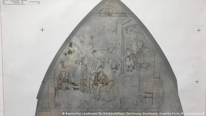 Restoration experts sketched out outlines of what remains of two medieval murals of John the Baptist at the Augsburg Cathedral