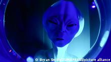 August 1, 2020, Roswell, NM, USA: Roswell UFO Spacewalk in Roswell, New Mexico. August 1, 2020. The attraction space was created by artist, Bryan Ward, and filled with his own trippy walk-thru black light adventure. As he described it, ''You get beamed up by an alien spaceship and then go through outer space -- a wormhole -- to an alien planet and a cave full of mutants, before you make it back to Earth, unscathed! (Credit Image: Â© Bryan Smith/ZUMA Wire