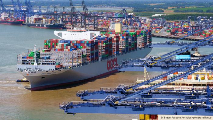 A container ship in the Port of Felixstowe in England