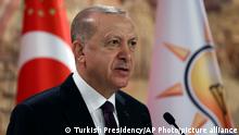 11.12.2020 *** Turkey's President Recep Tayyip Erdogan speaks to his ruling party members during a video conference, in Istanbul, Friday, Dec.11, 2020. Following the approval of European leaders Friday Dec. 11, 2020 of expanding sanctions against Ankara, Turkey called on the European Union to act as an ' honest mediator ' in its dispute with EU members Greece and Cyprus over the exploration of gas reserves in the Mediterranean. (Turkish Presidency via AP, Pool)
