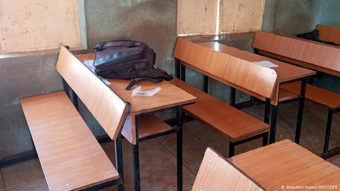 An empty classroom after a school was attacked by bandits in 2020