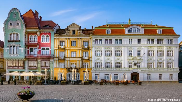 The bright buildings of Union Square in Timisoara, Romania