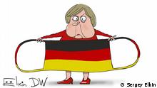 Deutschland bereitet sich auf den verschärften Lockdown vor. Angela Merkel breitet deutsche Fahne in Form einer Nasen- und Mundschutzmaske aus. Das ist eine Karikatur von Sergey Elkin. Sie darf auf DW-Seiten veröffentlicht werden. Copyright: Sergey Elkin. 