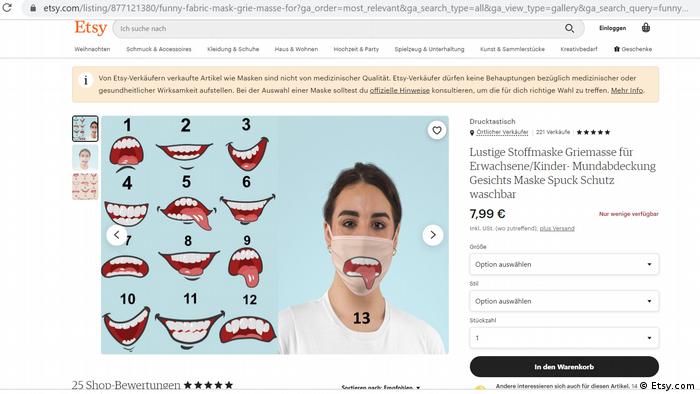 Screenshot of an internet platform that sells funny mask designs.