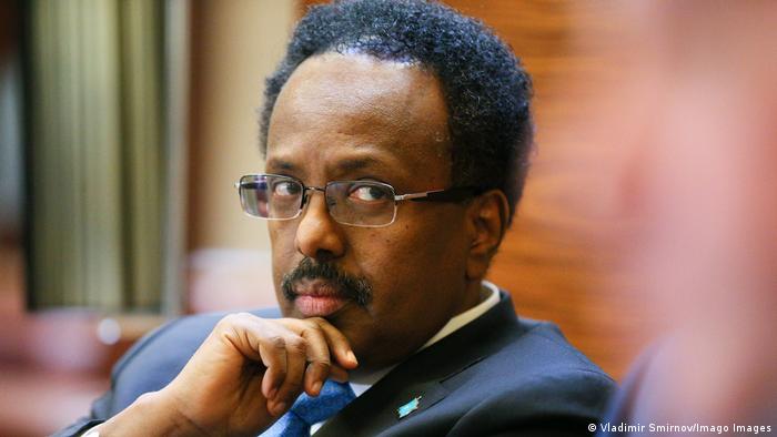 Portrait of Somalia President Mohamed Abdullahi Mohamed with his hand to his chin