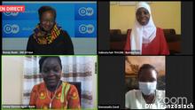 Facebook-Debatte, die DW Französisch organisiert hat. Es zeigt die Moderatorin (Wendy Bashi, DW), und die Teilnehmerinnen an der Diskussion: Salimata Nah Traoré (Burkina Faso), Amour Mahugnon Djossou Agon (Benin), und auf einem Bild ist auch Emmanuella Zandi (DRKongo) zu sehen.
via Sandrine Blanchard