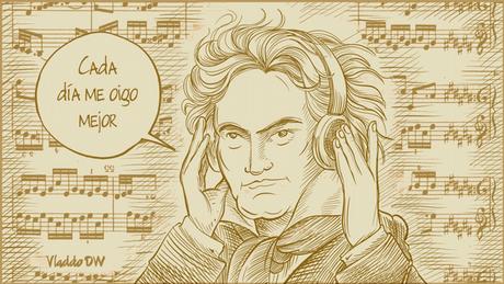 Karikatur von Ludwig van Beethoven mit Kopfhörern.