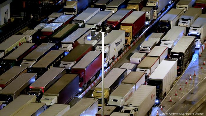 Trucks queuing to access the port of Dover, England