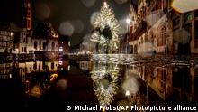 People walk past the Christmas tree in the Roemerberg square that is reflected in a puddle in Frankfurt, Germany, on a rainy Sunday, Dec. 20, 2020. (AP Photo/Michael Probst)