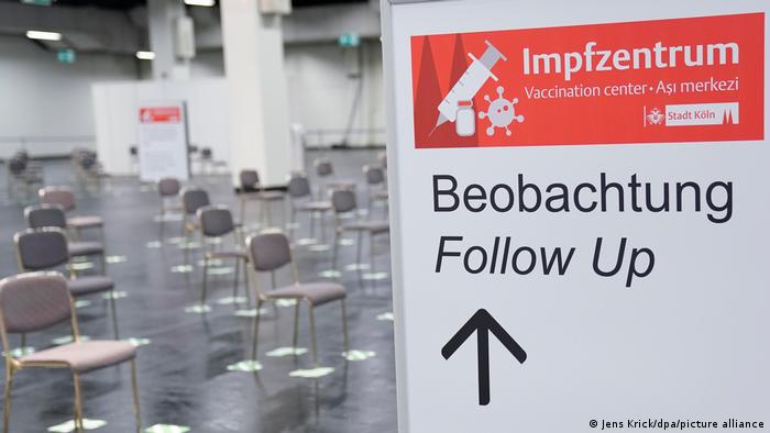 A vaccination center in Cologne with empty chairs