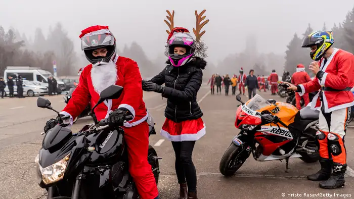 People get ready to be part of a Christmas ride in Bulgaria