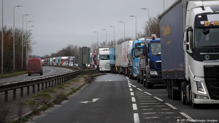 A long queue of trucks on one of the main highways to the Port of Dover