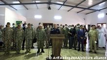 TRIPOLI, LIBYA - AUGUST 17: Turkish Defense Minister Hulusi Akar speaks to Turkish soldiers in Tripoli, Libya on August 17, 2020. Arif Akdogan / Anadolu Agency