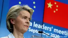 September 14, 2020***
European Commission President Ursula von der Leyen and European Council President, connected via video with the German Chancellor, hold a news conference after a virtual summit with China's President in Brussels on September 14, 2020. (Photo by YVES HERMAN / POOL / AFP)
