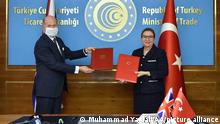 29.12.2020
ANKARA, TURKEY - DECEMBER 29: Turkish Trade Minister of Turkey, Ruhsar Pekcan (R) and United Kingdom's Ambassador to Turkey Dominick Chilcott (L) attend the signing ceremony of Free Trade Agreement between Turkey and United Kingdom via video-conference with Britain's Secretary of State for International Trade Liz Truss in Ankara, Turkey on December 29, 2020. Muhammed Yaylali / Anadolu Agency