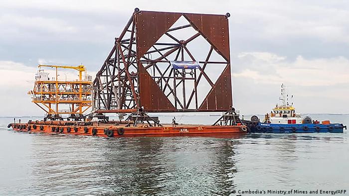 An offshore oil platform under construction off the Cambodian coast