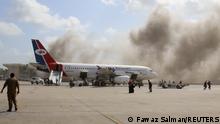 Dust rises after explosions hit Aden airport, upon the arrival of the newly-formed Yemeni government in Aden, Yemen December 30, 2020. REUTERS/Fawaz Salman 
