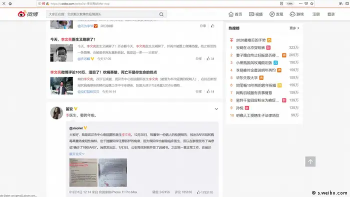 Screenshot Weibo | China Gedenken an Arzt Arzt Li Wenliang aus Wuhan