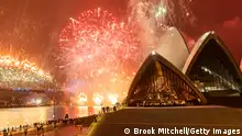 The Sydney Harbor fireworks display behind the city's famed opera house