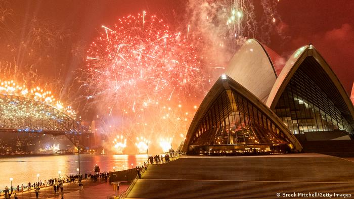 The Sydney Harbor fireworks display behind the city's famed opera house
