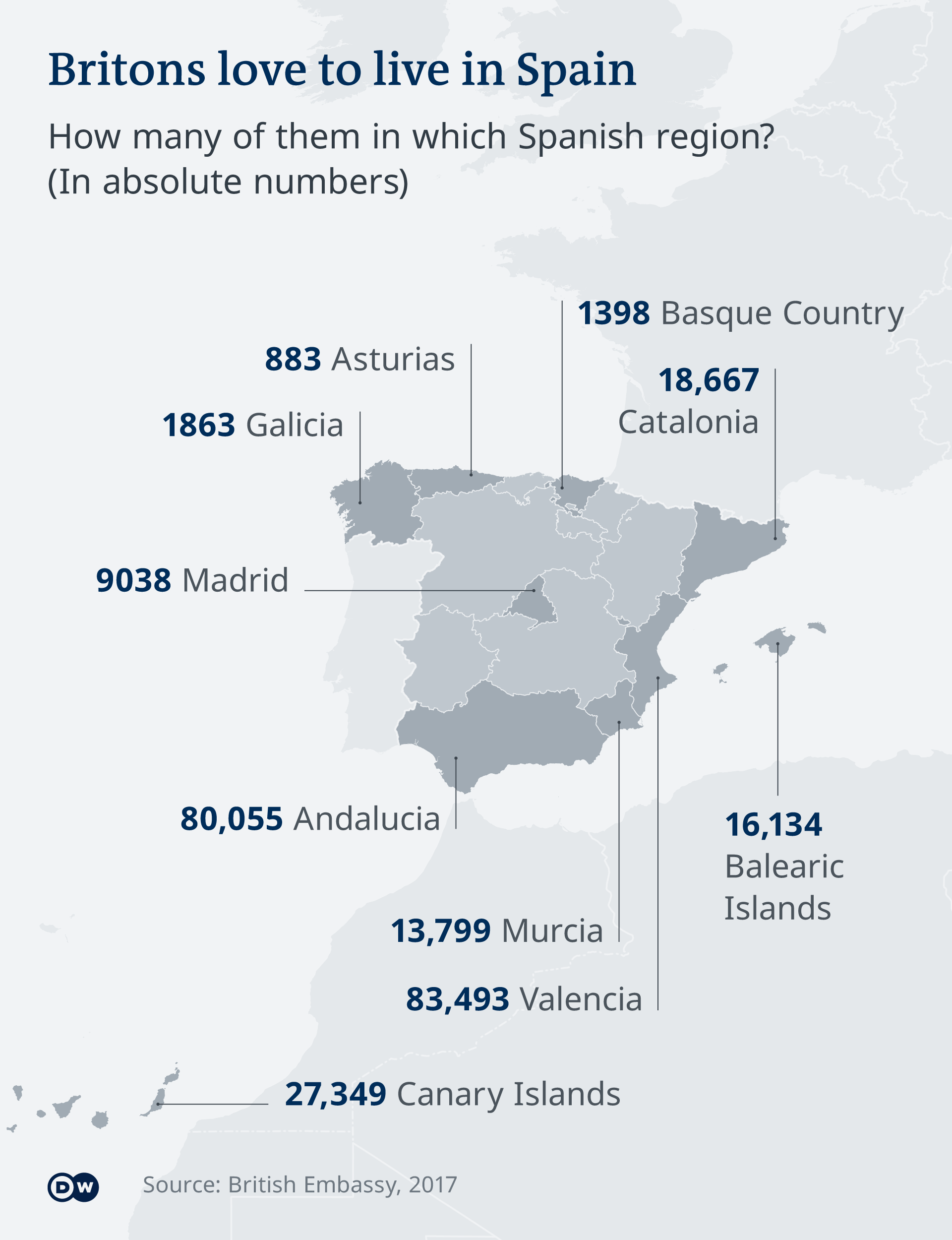 A map of Spain showing in which regions how many UK citizens are resident