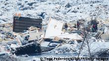 Rescue workers continue their efforts on January 5, 2021 on the site of a major landslide that occurred in Ask, Norway. - Three people are still missing after the landslide hit the village of Ask in the municipality of Gjerdrum 25 kilometres north-east of Oslo in the early hours of December 30, 2020. (Photo by Terje Pedersen / NTB / AFP) / Norway OUT (Photo by TERJE PEDERSEN/NTB/AFP via Getty Images)