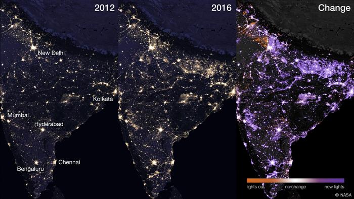 Uma imagem de satélite da Índia à noite