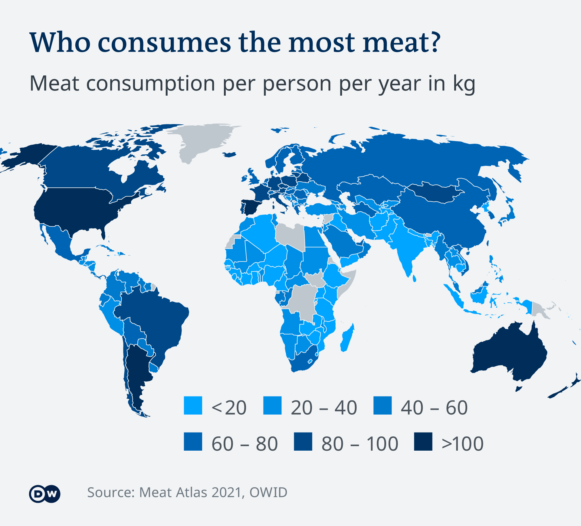 Map showing meat consumption per person per year worldwide