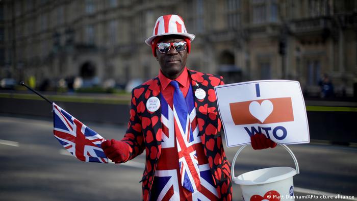 A Brexit supporter dressed in the colors of the Union Jack