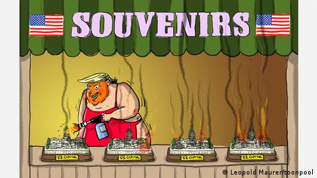 Karikatur USA Trump fackelt Miniaturen vom Capitol ab
