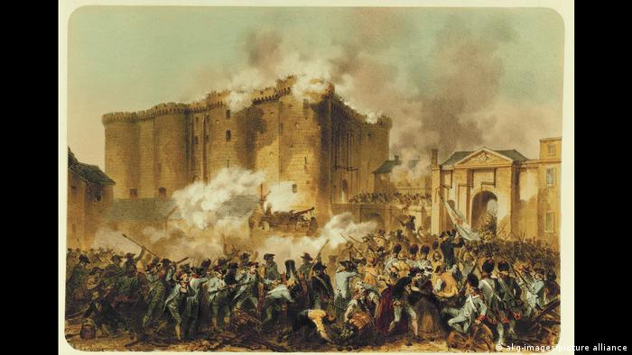 A painting shows men shooting at a building
