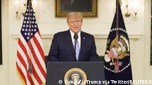 U.S President Donald Trump gives an address, a day after his supporters stormed the U.S. Capitol in Washington, U.S., in this still image taken from video provided on social media on January 8, 2021. Donald J. Trump via Twitter/via REUTERS ATTENTION EDITORS - THIS IMAGE HAS BEEN SUPPLIED BY A THIRD PARTY. MANDATORY CREDIT. REFILE - UPDATING RESTRICTIONS