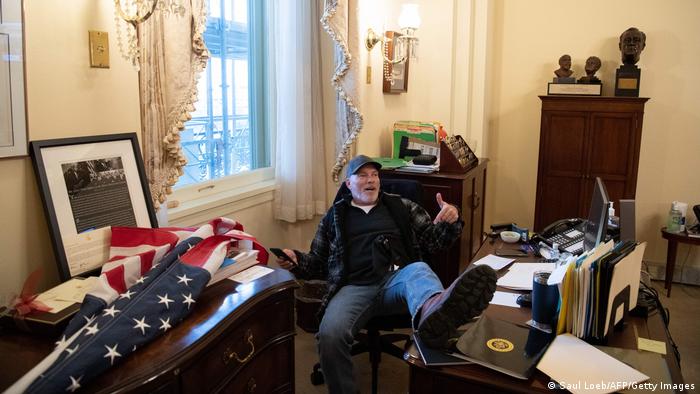 Trump supporter Richard Barnett in Nancy Pelosi's office