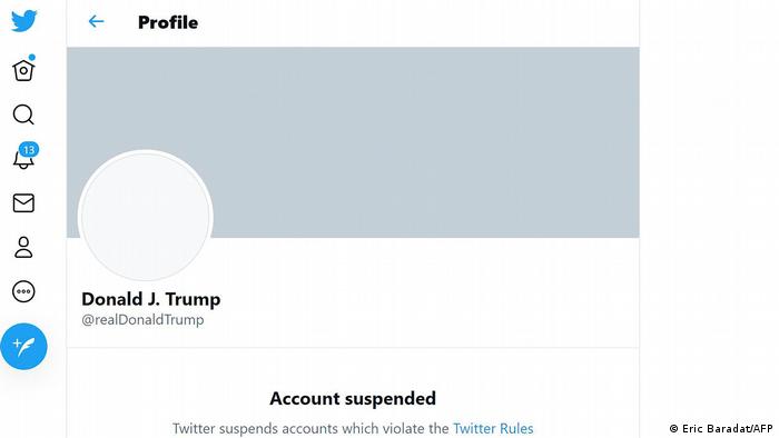 In this screen grab from Twitter, the suspended Twitter account of US President Donald Trump is seen on January 8, 2021