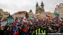 Demonstrators protesting the Czech government's restrictions shout slogans, as the spread of the coronavirus disease (COVID-19) continues, at the Old Town Square in Prague, Czech Republic January 10, 2021. REUTERS/David W Cerny