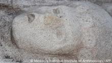 Handout picture released by the National Institute of Anthropology and History (INAH) on January 10, 2021 showing a detail of a pre-Hispanic female sculpture found by farmers in the community of Hidalgo Amajac, in the Mexican state of Veracruz, on January 4, 2021. - On January 1, 2021, members of the community of Hidalgo Amajac, discovered a complete female sculpture almost two metres high in a citrus field. Archaeologists from INAH confirmed that the limestone figure represents a young elite woman wearing a headdress and elaborate attire. The sculpture belongs to the Huasteca culture and is thought to correspond to the late Post-Classic (AD 1450-1521). (Photo by - / Mexican National Anthropology and History Institute / AFP) / RESTRICTED TO EDITORIAL USE - MANDATORY CREDIT AFP PHOTO / INAH - NO MARKETING - NO ADVERTISING CAMPAIGNS - DISTRIBUTED AS A SERVICE TO CLIENTS