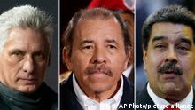 This combination of images shows, from left, Cuba's President Miguel Diaz-Canel, Nicaragua's President Daniel Ortega and Venezuela's President Nicolas Maduro. The Trump administration on Wednesday, April 17, 2019, intensified its crackdown on Cuba, Nicaragua and Venezuela, rolling back Obama administration policy and announcing new restrictions and sanctions against the three countries whose leaders national security adviser John Bolton dubbed the three stooges of socialism. (AP Photos)