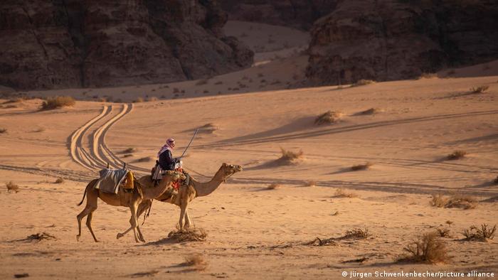 A person rides a camel, with another trailing behind, in the desert