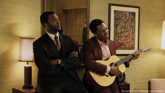 Actors Aldis Hodge (left), who plays Jim Brown, with Leslie Odom Jr. as Sam Cooke. Actors Aldis Hodge (left), who plays Jim Brown, with Leslie Odom Jr. as Sam Cooke.