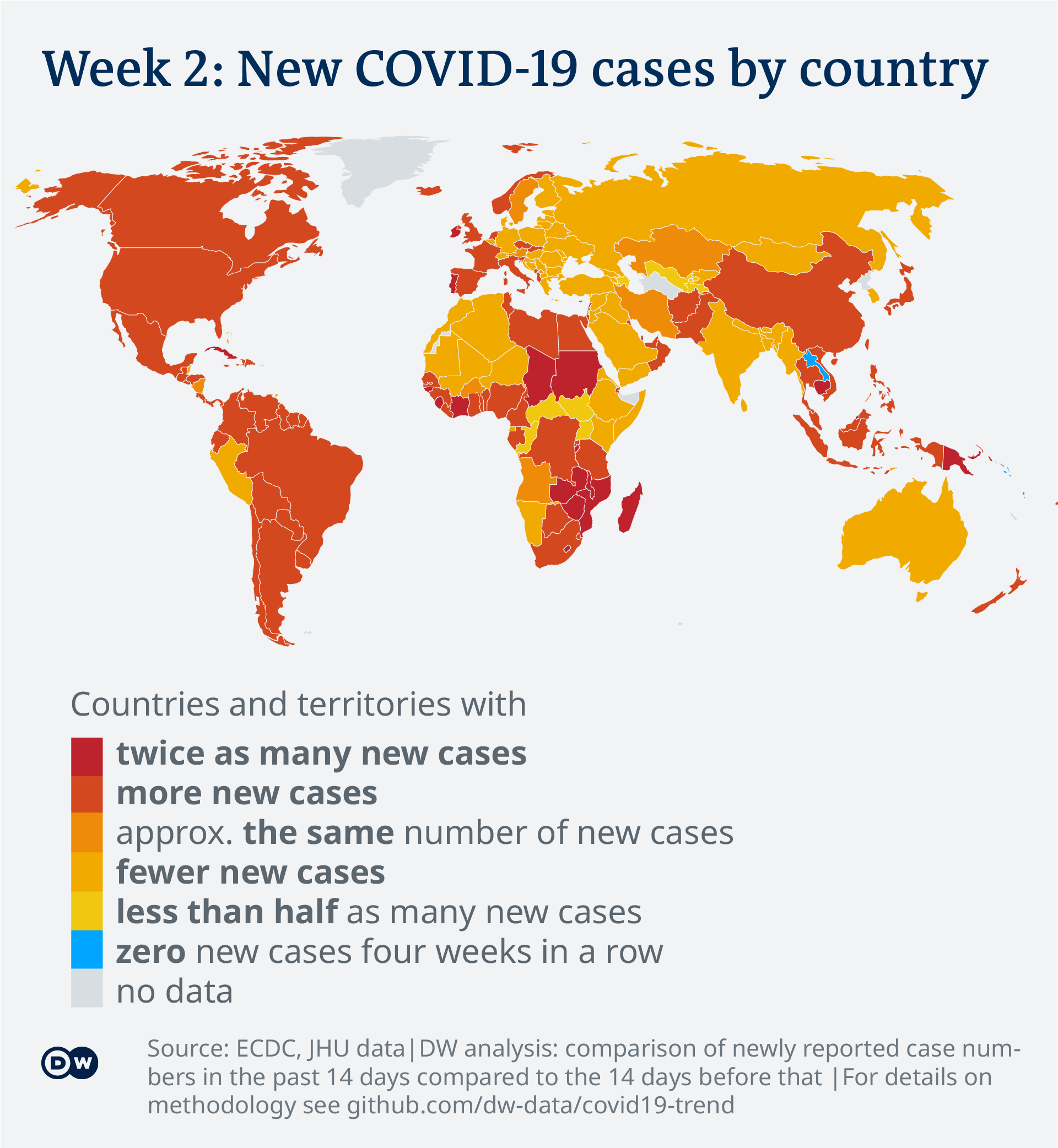 Data visualization: COVID-19 global new case numbers trend - map calendar week 2, 2021