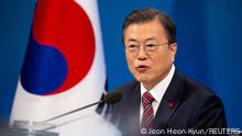 South Korean President Moon Jae-in speaks during an online New Year news conference with local and foreign journalists at the Presidential Blue House in Seoul, South Korea, January 18, 2021. Jeon Heon-Kyun/Pool via REUTERS