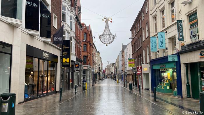 Grafton Street, one of Dublin’s main shopping streets, is almost deserted during Ireland’s third national lockdown.