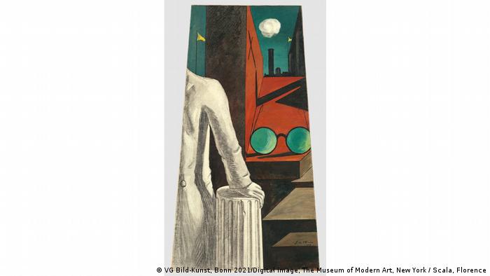 Αυτό το έργο είναι από την περίοδο του Ντε Κίρικο στο Παρίσι το 1912. Ο καλλιτέχνης συνδυάζει διαφορετικά πράγματα: γλυπτό, γυαλιά, ατμομηχανή, σημαίες που κυματίζουν στον αέρα. Πολλά είναι περίεργα: τα γυαλιά τεράστια, οι προοπτικές αλλόκοτες. Χωρίς αμφιβολία ο ζωγράφος δημιουργεί τη δική του μαγική πραγματικότητα. Με ένα κλικ του ποντικιού μπορείτε να επισκεφθείτε την έκθεση στο Αμβούργο.