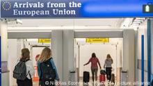 EU, UK, Borders, Passport and European Union signs and inscription in London Stansted STN airport in England, UK on 23 August 2019 a few months before the Brexit. (Photo by Nicolas Economou/NurPhoto)