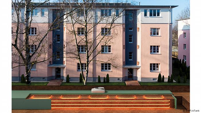 Merhstöckiges Wohnhaus von aussen mit Zeichnung für die Erdwärmespiralen