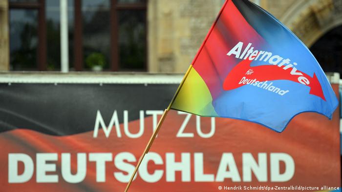 An AfD flag and banner that reads in German: courage to Germany