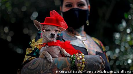 BdTD | Chile | Eine Frau mit Mund-Nasen-Schutz posiert mit ihrem Hund im Kostüm während einer Veranstaltung in Providencia